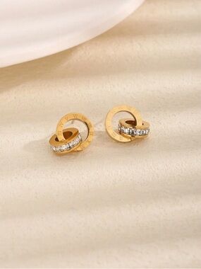 Gold Crystal Interlock Stud Earrings - Elegant Women’s Jewelry